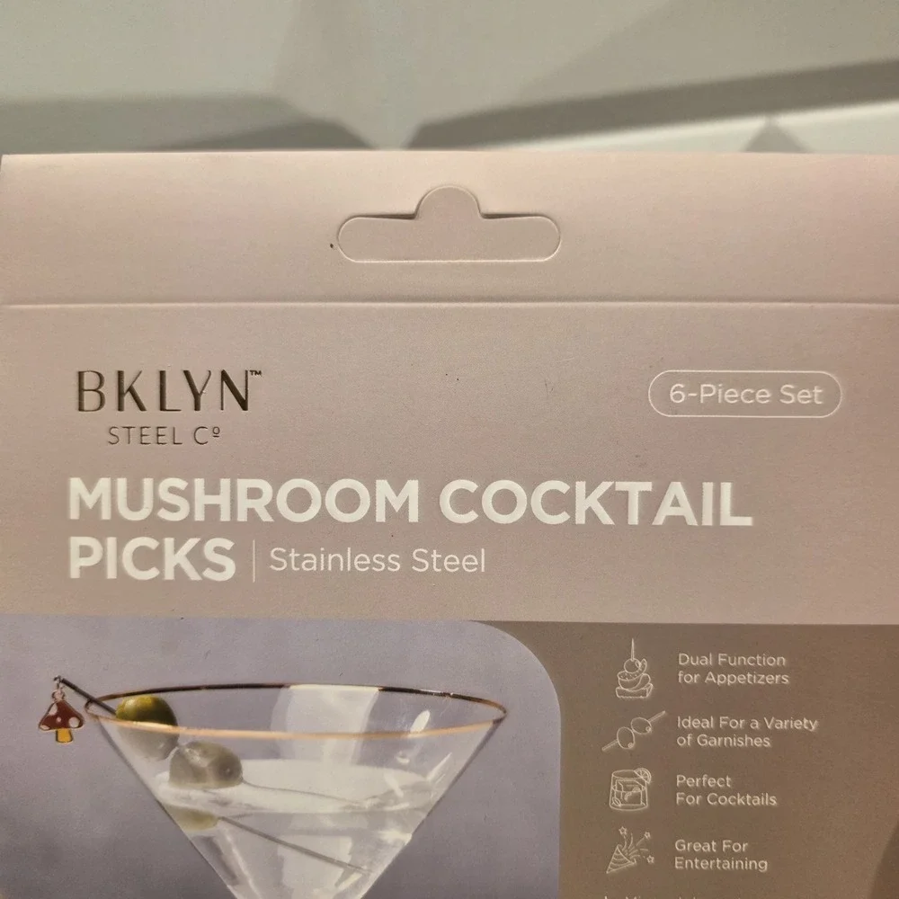 2 BKLYN Steel Co Cocktail Picks Set of 6 Mushrooms Martinis Appetizers Stainless